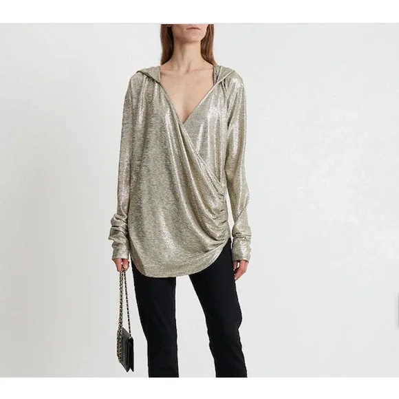 Balmain Silver Metallic Draped Hooded Top – Size M (US 8 / FR 40)